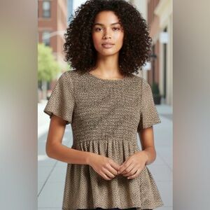 URBAN Romantics Printed Smocked Blouse with Fluttery Short Sleeves - Size M